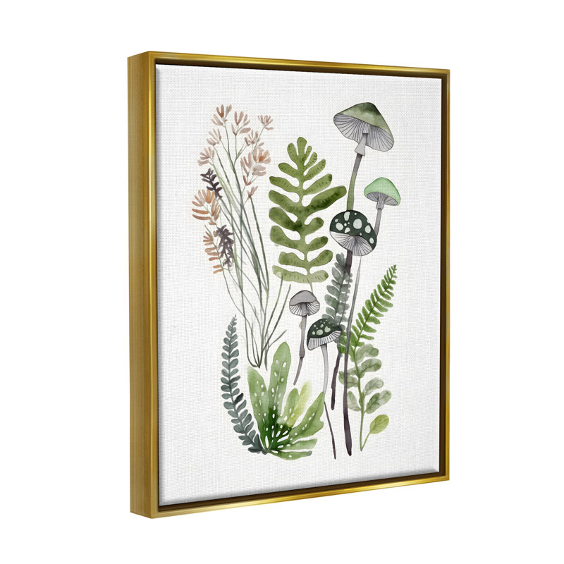 Green Mushroom Botanicals, reproduction d'art sur toile, H 31 po x l 25 po x P 1,7 po, Cadre flottant métallique doré