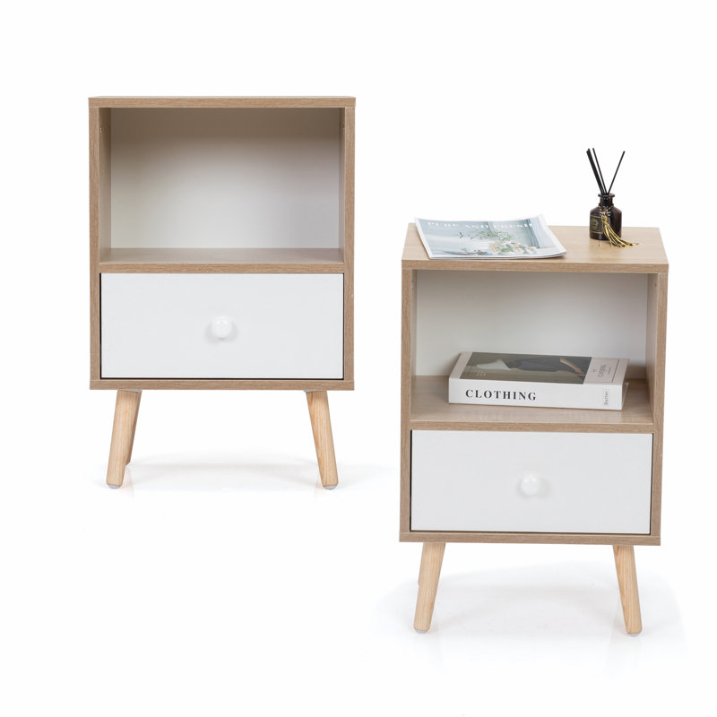 Natural and White Particleboard Pinewood Mid-Century Nightstand Set of 2