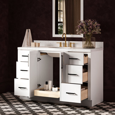   Kayleigh 54 Inch Single Oval Sink Bathroom Vanity with Carrara White Quartz Countertop 1.5 Inch in White
