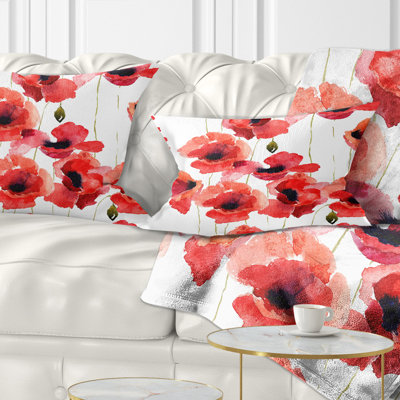 Floral Stylized Poppy Flowers Illustration Lumbar Pillow
