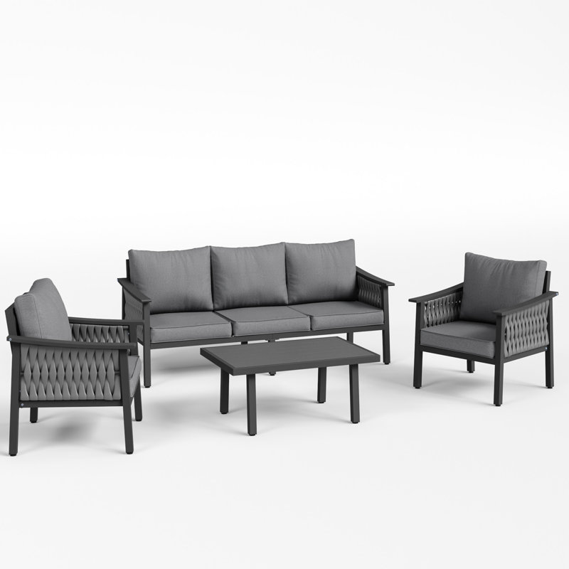Ensemble de mobilier d'extérieur pour 5 personnes - structure en aluminium, corde tissée à la main toutes saisons, coussins de 5 pouces, ensemble de conversation pour l'extérieur