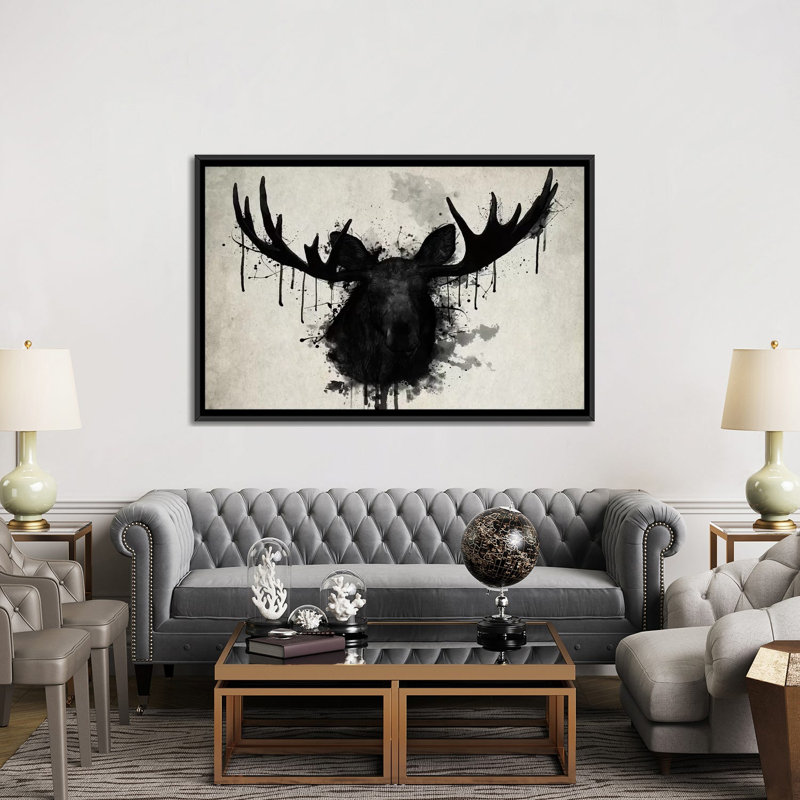 «Moose», reproduction d'impression sur toile, H 18 po x l 26 po x P 1,5 po, Toile avec cadre noir, Pas de tapis