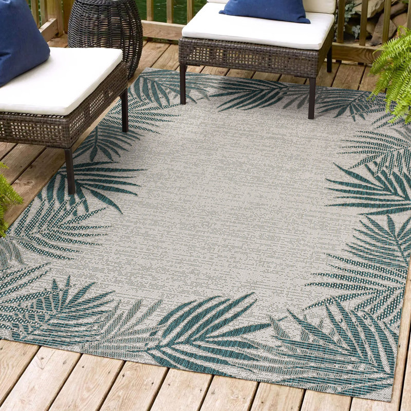 Schaal Coastal Cottage Palm Frond Border Blue/Cream Indoor/Outdoor Rug, Rectangle 7'10" x 10'