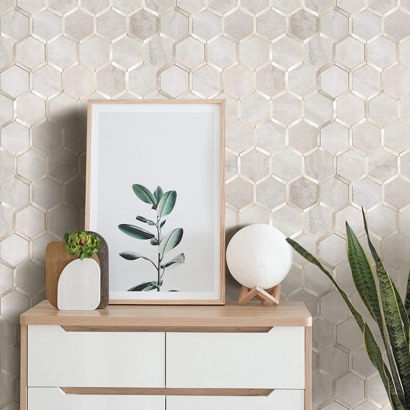Beige Marble Hexagon Peel and Stick Backsplash Tiles, Gold Accent Self Adhesive Decorative Wall Covering