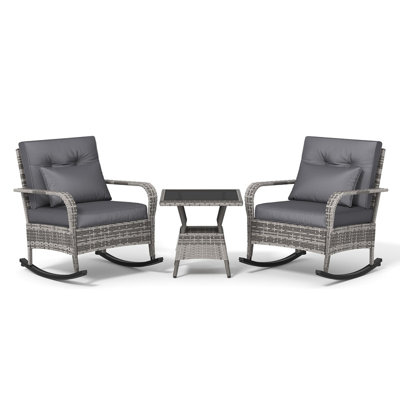 3-Piece Rattan Rocking Chair Set – Outdoor Wicker Chairs with Glass Coffee Table, High Back, Thick Washable Cushions, All-Weather Bistro Set for Porch, Balcony, Garden, Patio