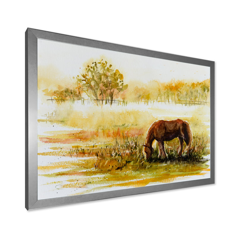 Cheval broutant sur un pré - Peinture sur toile, Toile encadrée argentée, H 16 po x l 32 po x P 1,5 po