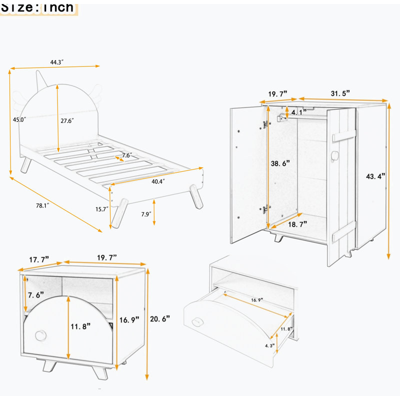 3 Piece Solid Wood Bedroom Set, Twin