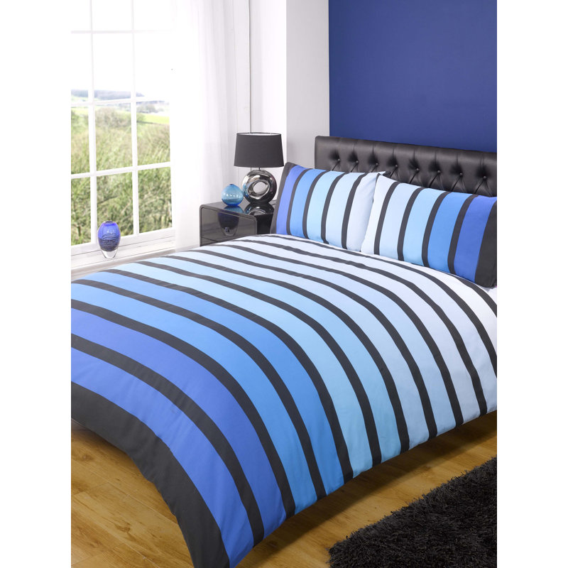 Cotton Blend, Polyester Striped Duvet Cover with Pillowcases, Blue, Double Duvet Cover + 2 Standard Pillowcases