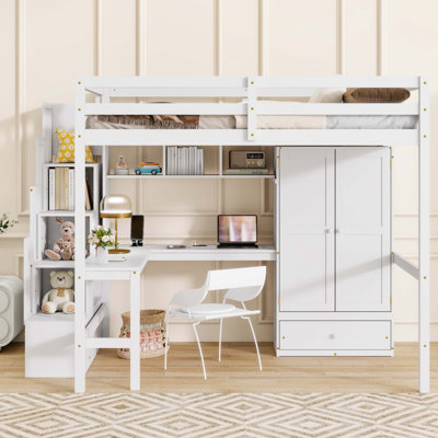 Full Size Loft Wood Bed With Desk