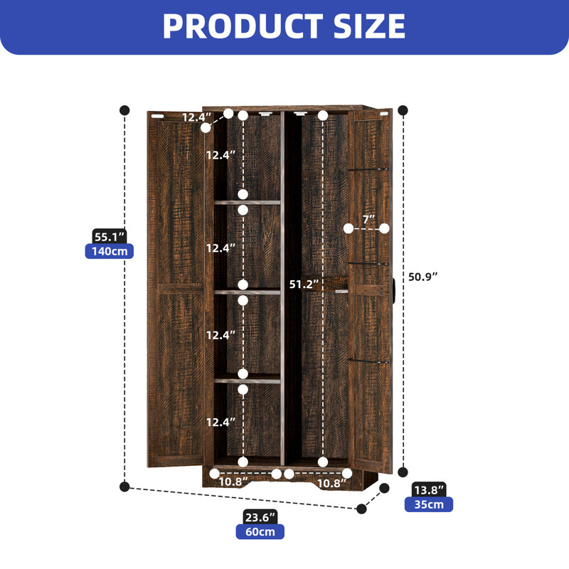 55" Tall Garage Storage Cabinet Asymmetrical Shelf for Cleaning Tool Organizer Rustic Wood , Brown