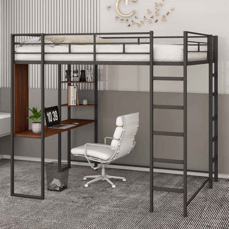 Lit mezzanine en métal avec 2 tablettes et un bureau, Noir, Twin
