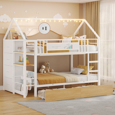 Twin Bed With Large Storage Drawers And Doodle Board, Tree House Bunk Bed Frame With Colourful Light Strips And Usb Charging Ports, Bookshelf, White