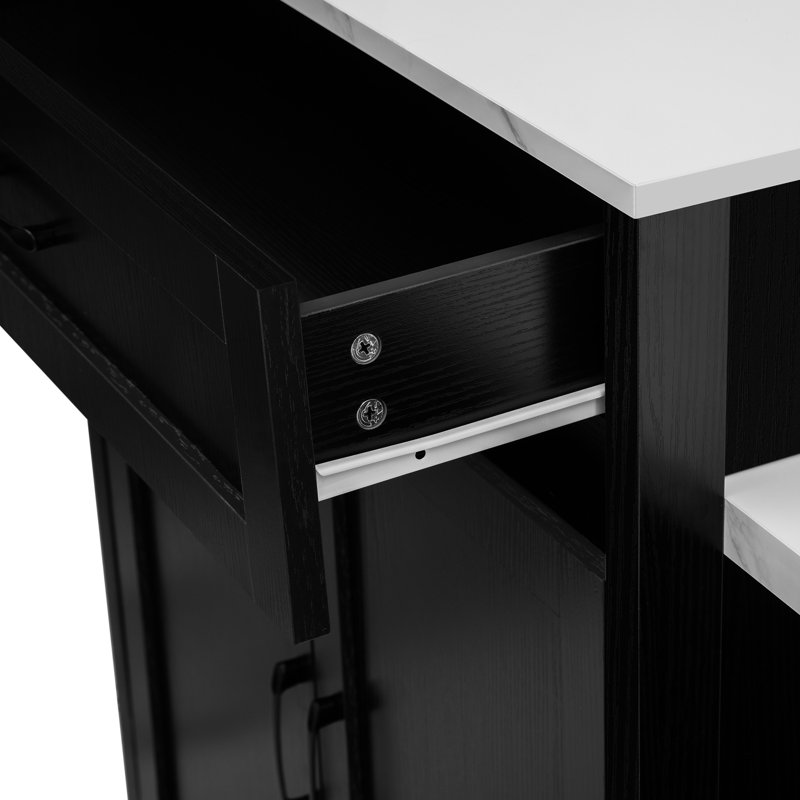 Îlot de cuisine extensible pour 2 à 6 personnes, plateau en faux marbre noir, grand rangement, port, charnières à fermeture en douceur modernes avec table extensible, finition, 2 tablettes ouvertes doubles, prises de courant