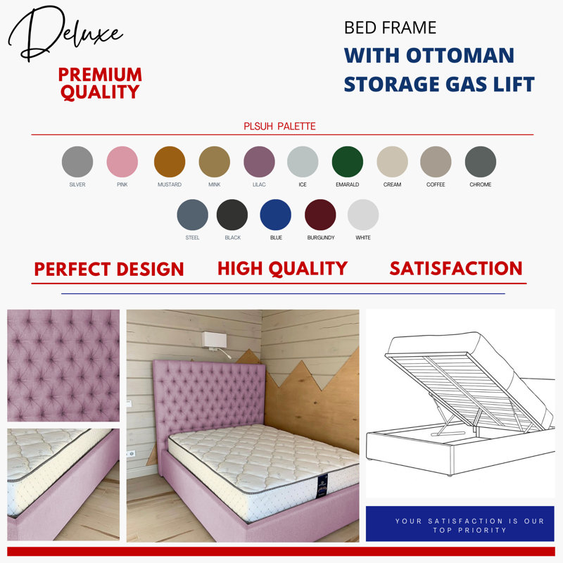 Upholstered Ottoman Storage Bed, Matte Pink, Double (4'6)
