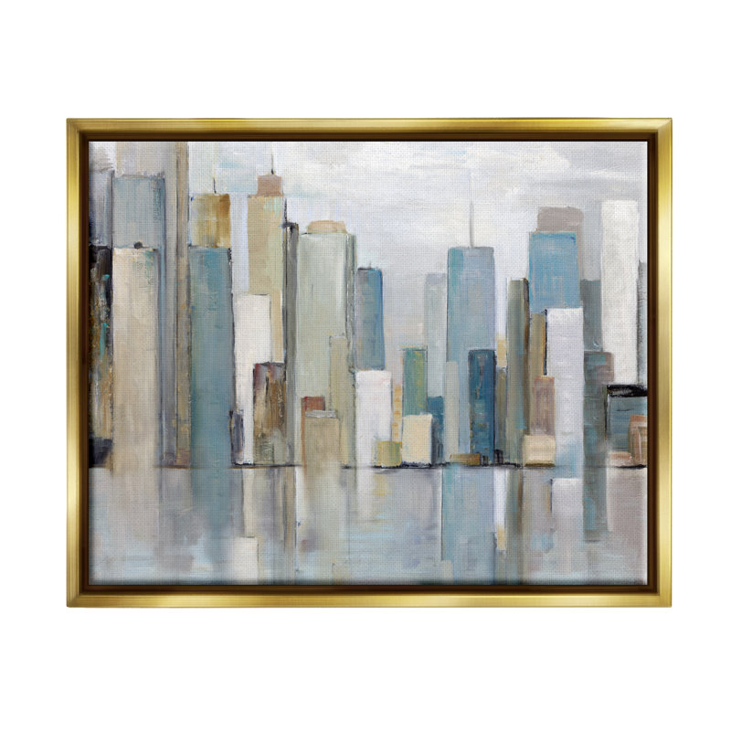 " Abstract Cityscape Buildings ", 25" H x 31" W x 1.7" D, Metallic Gold Floater Frame