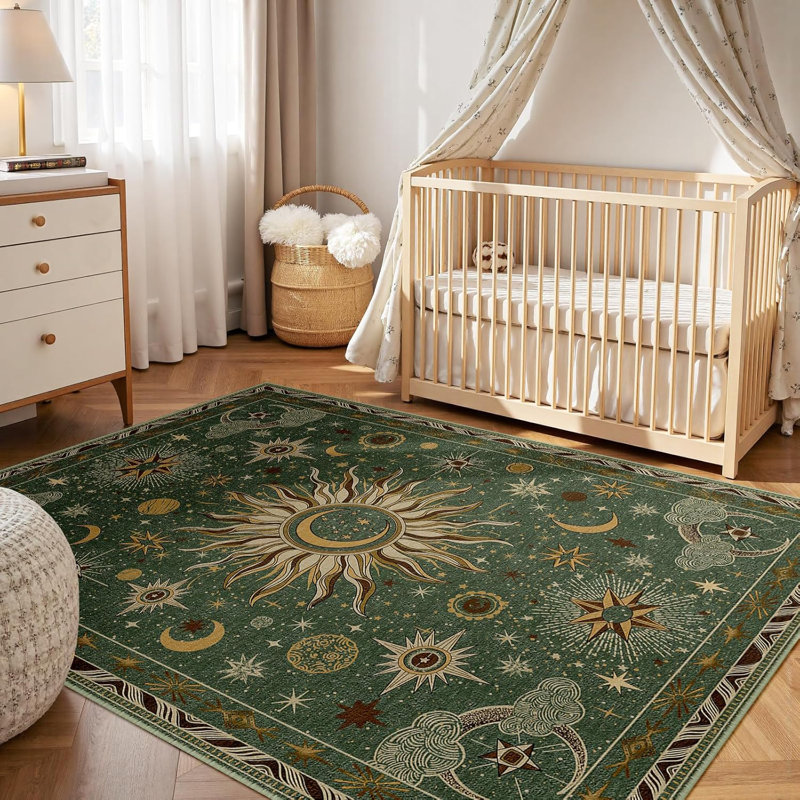 5X7 Area Rugs, Washable Vacuum-Friendly Non-Slip Rug Vintage Boho Sun And Moon Printed Pattern Low Pile Carpet For Living Room Bedroom Dining Room Hallway Entryway,Green Brown