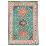 Hand Knotted Wool Area Rug in Green And Cream