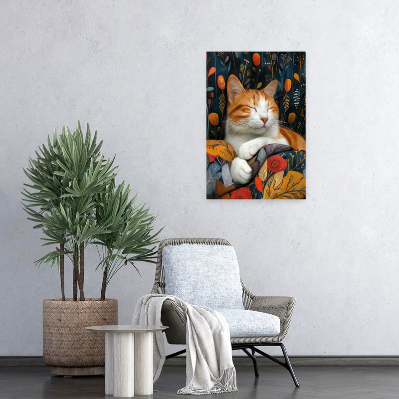 Cozy Sleeping Cat, paisible, serein, chat abstrait, plante d'automne, art mural, H 24 po x l 16 po