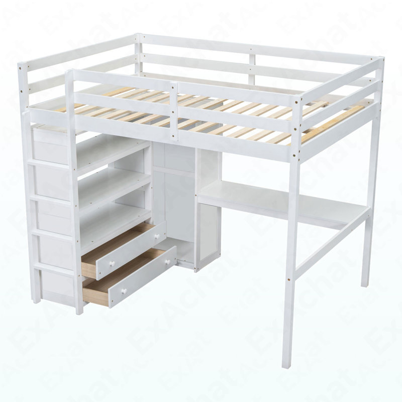Lit mezzanine double en bois avec garde-robe intégrée, bureau, tablettes et tiroirs, blanc, Double, Blanc
