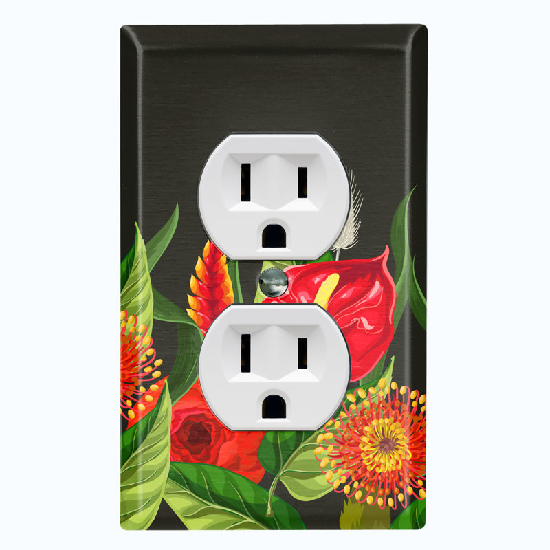 Red Lily Flowers Green Leaves Black Print 1 - Gang Toggle Light Switch Standard Wall Plate