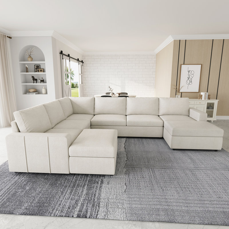 Canapé d'angle modulaire en L avec deux repose-pieds, Chenille beige