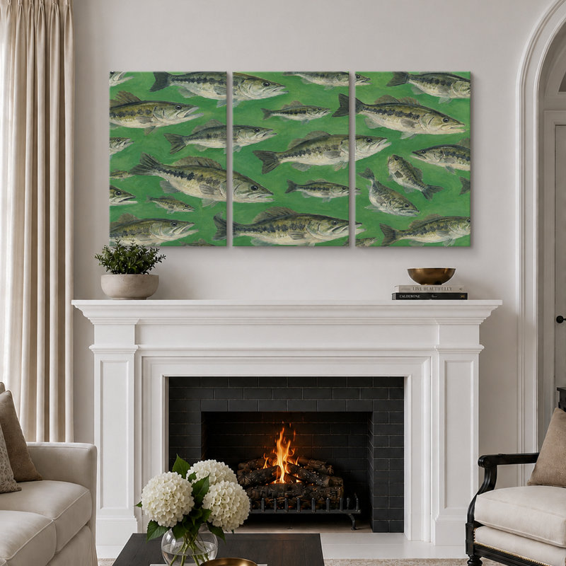 «Green Bass School Fish», reproduction d'art sur toile encadrée, impression sur toile, H 36 po x l 72 po x P 1,5 po