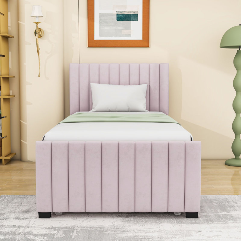 Twin Upholstered Platform Bed with Trundle, Pink