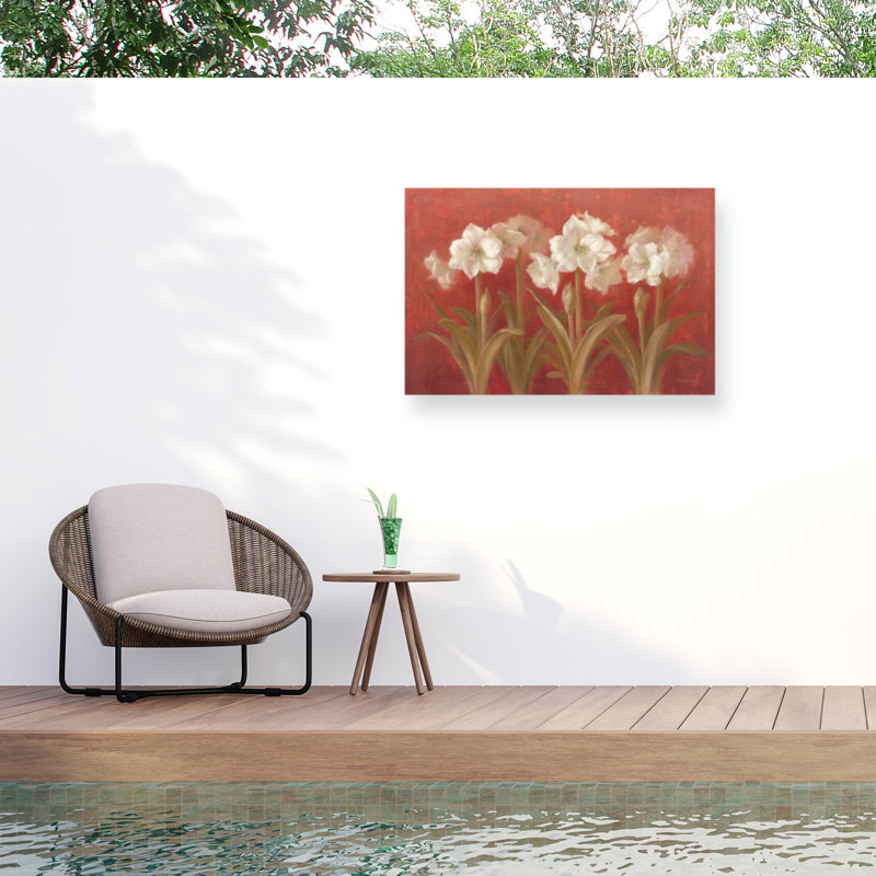 Amaryllis blanc sur toile rouge Danhui Nai, H 12 po x l 19 po