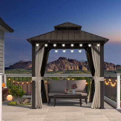 PURPLE LEAF Outdoor Hardtop Gazebo 8' x 8' Galvanized Steel with LED|Double Roof, Cooler Shade, Yarn-Dyed Curtain, Color Lasts, 3.93" Frame, Stronger Support, Anchored Base, Holds Firm, Bronze