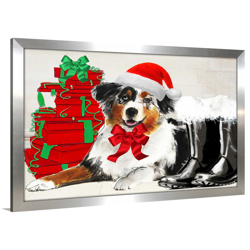 «Christmas Holiday Border Collie» par By Jodi - impression, H 21,5 po x l 27,5 po x P 0,75 po, Encadrement argenté