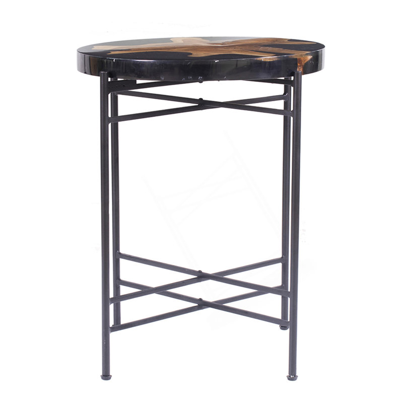 Table d'appoint ronde moderne industrielle avec plateau en bois de teck et structure en métal