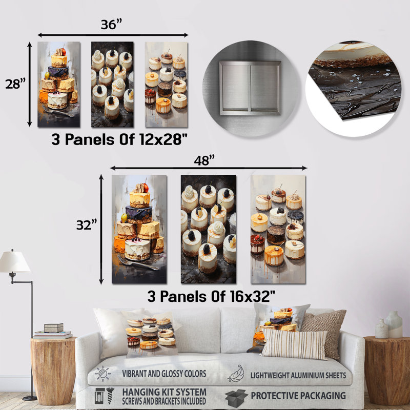 Delices Cheesecakes Dessert - Desserts, ensemble de 3 reproductions d'art en métal, H 28 po x l 36 po