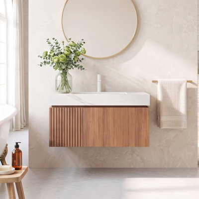 30 Inches Plywood Wall-Mounted Bathroom Vanity in Brown with Soft-Close,U-Shaped Pull-Out Drawer,Door,Ceramic Carrara White Basin,No Faucet,Single-Hole,Pre-Assemble