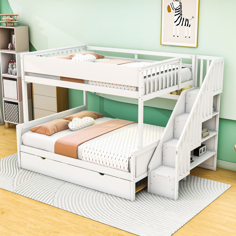 Full XL over Queen Bunk Bed with Storage Shelves and Staircase,Twin Trundle, White
