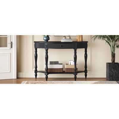 Console demi-lune en bois massif avec tiroir et tablette, table d'entrée incurvée à cannelures rétro pour vestibule de couloir, meubles d'appoint peu encombrants avec pieds romains sculptés, noir
