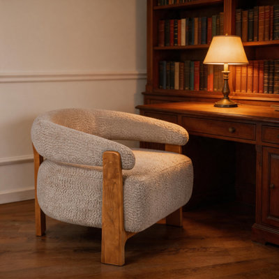 Fauteuil d'appoint de style tonneau, milieu du siècle, avec accoudoirs incurvés et structure en bois