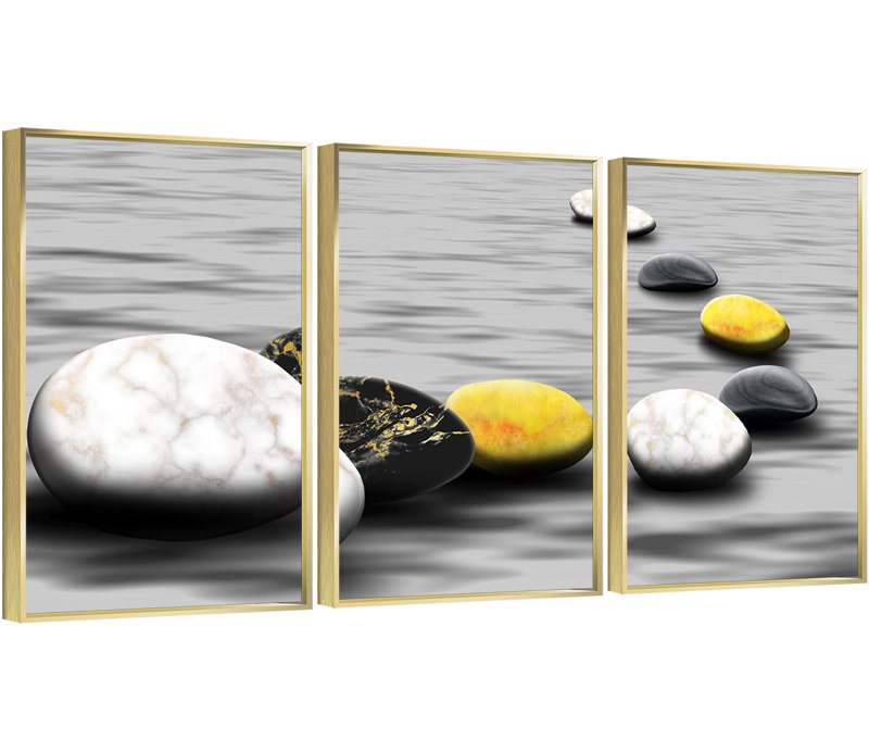 "Stones Aluminium", ensemble de 3 reproductions d'art encadrées sur toile dorées 1, H 16,3 po x l 36,3 po x P 1,65 po
