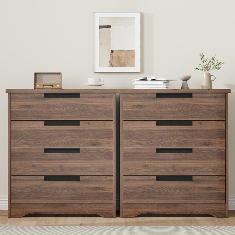 Commode 4 tiroirs en noyer pour chambre à coucher, commode moderne avec poignées intégrées, rangement en bois pour le salon, la chambre de bébé et le couloir