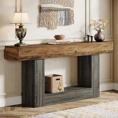 63" Farmhouse Console Table, 2-Tier, U-Shaped Base for Living Room - Gray/Rustic Brown
