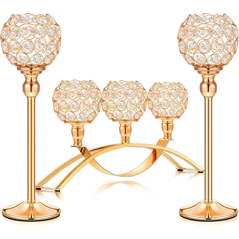Set Of 3 Gold Crystal Candle Holders