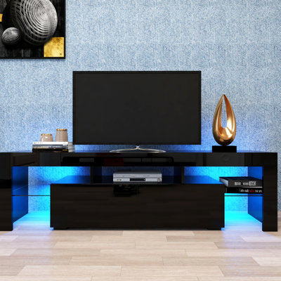 Modern Black Tv Cabinet With 20 Colors Led Lights And Remote, Accommodates 60 - 69 Inch Tvs Compatible Stand Remote