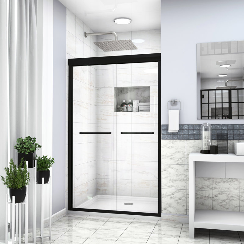 Enceinte de douche noire matte l 48 po x H 76 po - Porte coulissante double avec verre trempé haute et porte à ajustement mural, attrait moderne