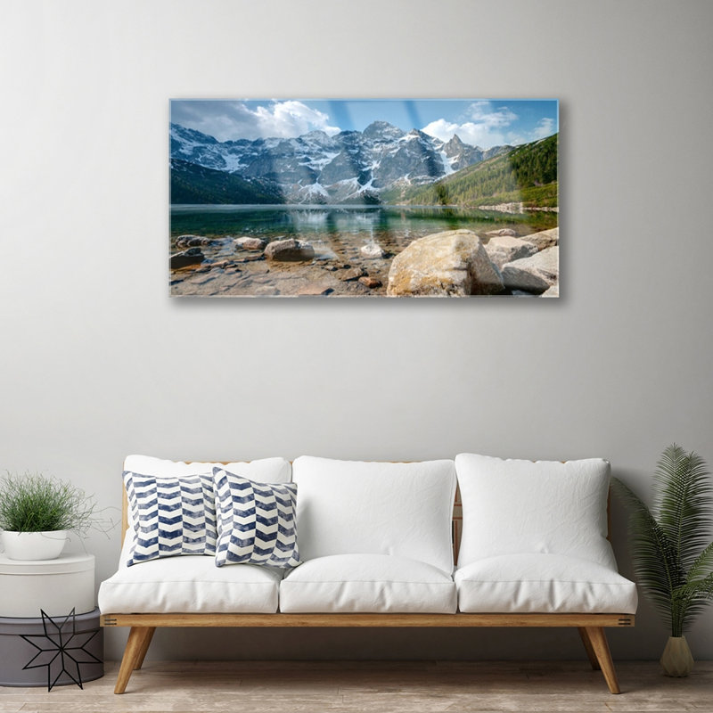 Landscape Mountain Lake Stones - No Frame Print on Glass