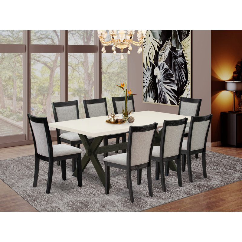 9 Piece Modern Dining Table Set Includes a Rectangle Dining Room Table with X-Legs and 8 Shitake Linen Fabric Upholstered Chairs, Wire Brushed Black Finish