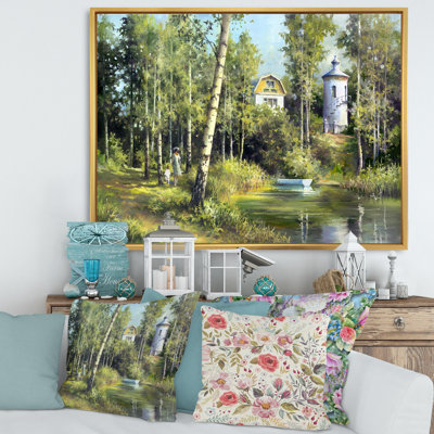 La rivière en bois sur un déclin par le château - peinture sur toile