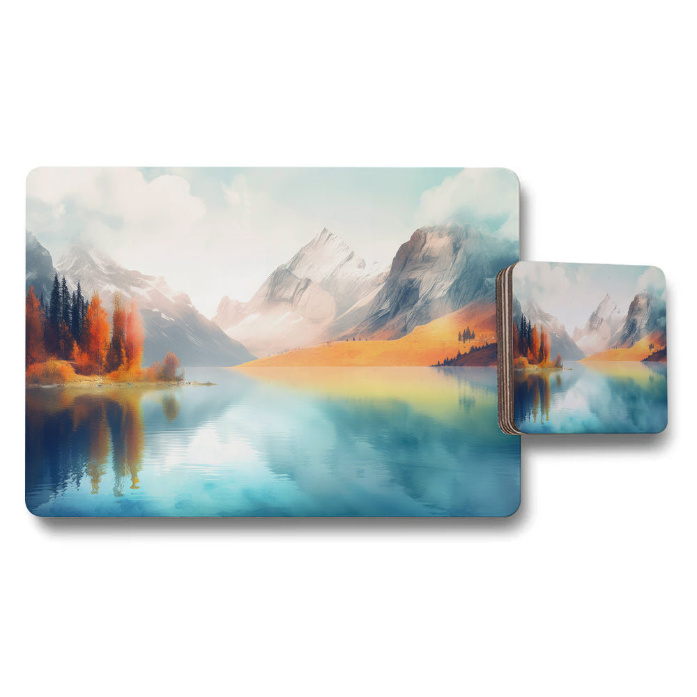Scenic Mountain Lake Placemat and Coaster Set With Landscape Design