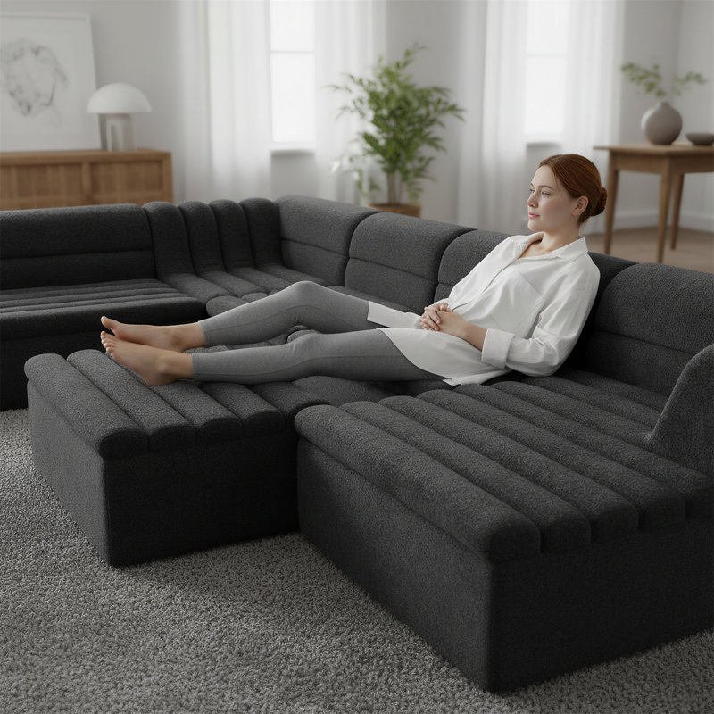 Canapé modulaire de 135 pouces en forme de U avec fauteuil inclinable et repose-pieds mobile, Noir