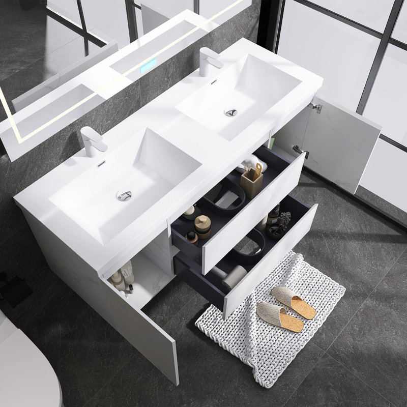 Meuble-lavabo mural double 60 po avec lavabo en résine Cararra