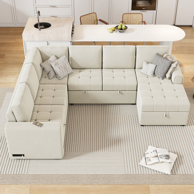 Canapé en velours côtelé avec accoudoirs carrés, Beige