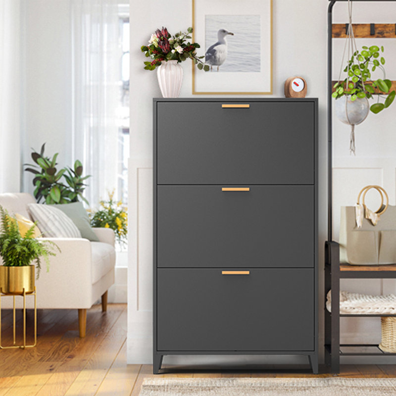Modern Metal Shoe Cabinet With 3 Flip Drawers, Wall & Floor Mount 18-24 Pairs Of Shoe Organizer, Steel Black Narrow Shoe Storage Cabinet For Entryway, Hallway And Corridor
